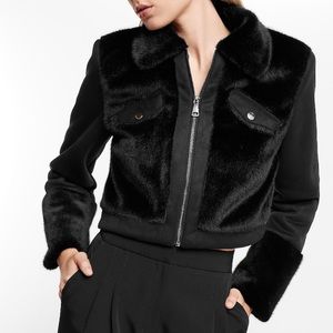 Express Moto Cropped Crop Black Faux Fur Full Zip Coat Jacket Chest Pockets Sz M